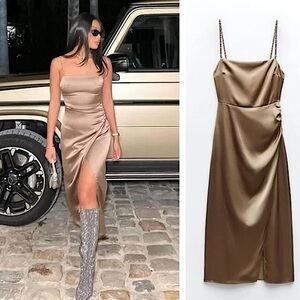 🆕(NWT) ZARA Bloggers Fav Beaded Strap Satin Midi Dress. Size LARGE